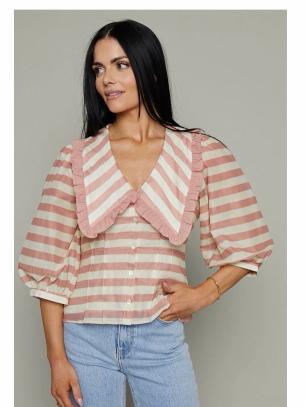 Striped Puff-Sleeve Blouse with Ruffled Collar - Pink & Cream